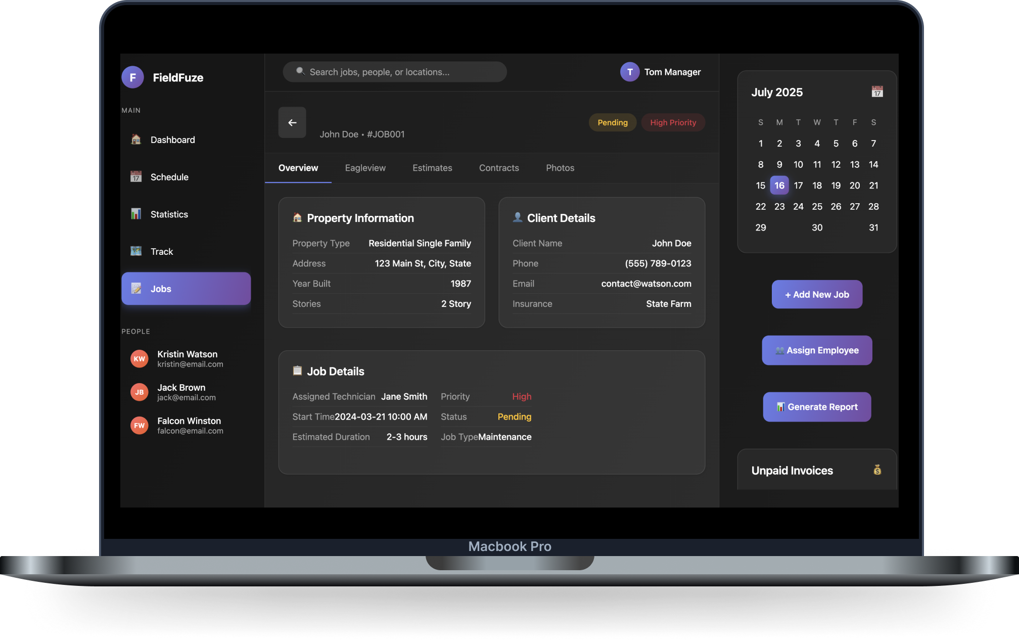 FieldFuze desktop dashboard showing job scheduling, dispatching, and real-time crew management