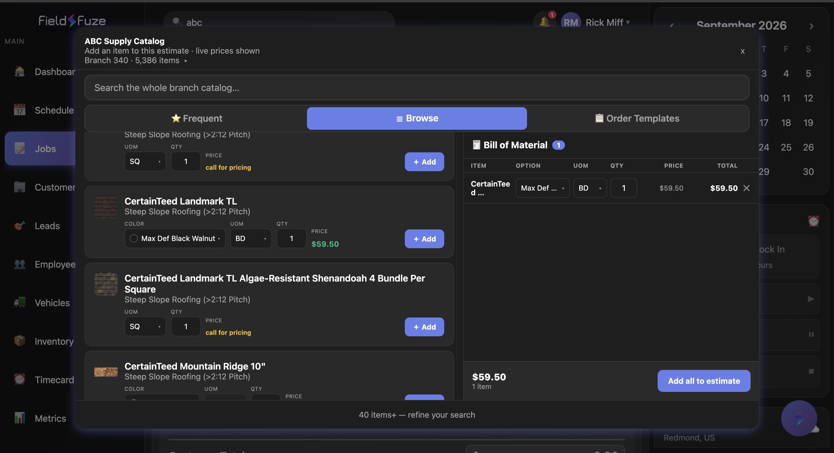 The ABC Supply catalog inside a FieldFuze estimate — live branch pricing and a one-tap bill of materials