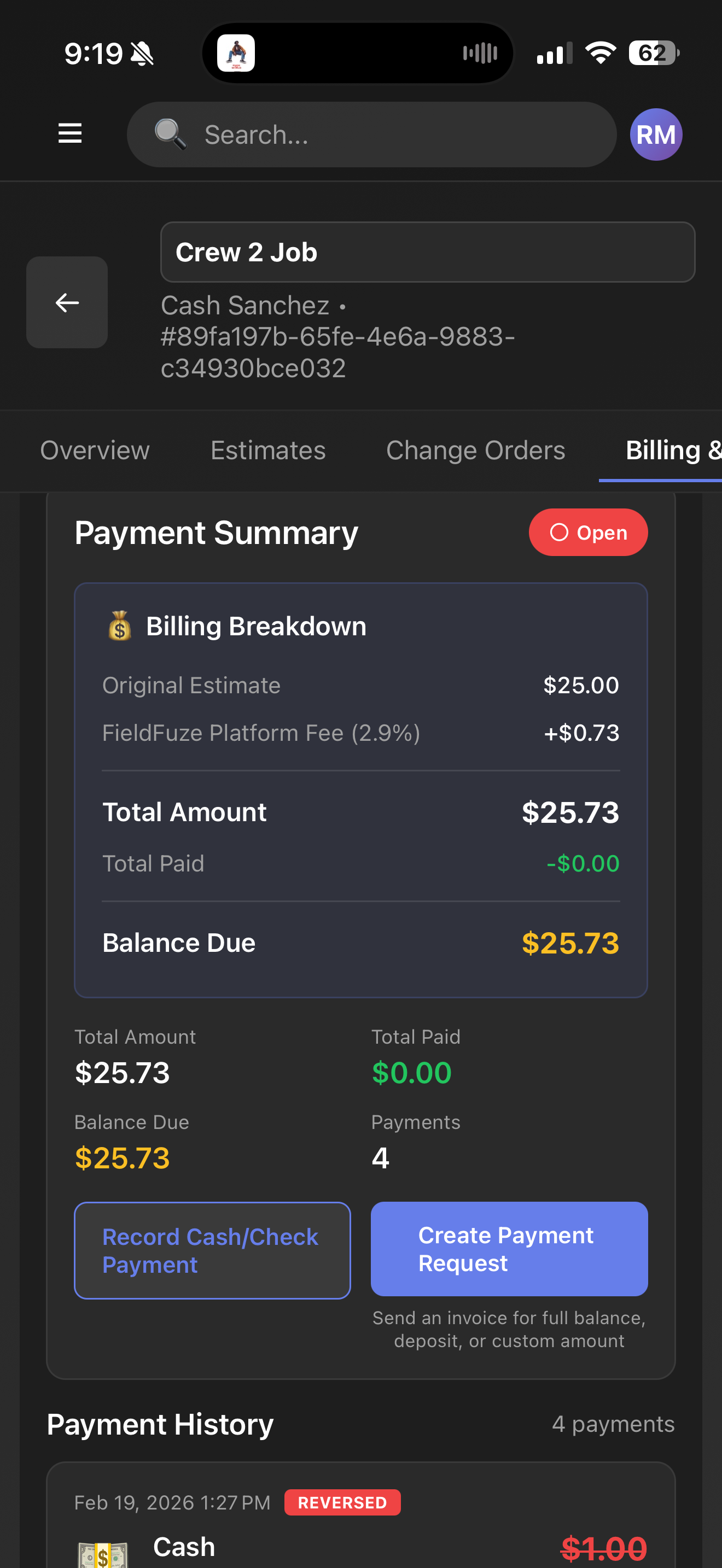 FieldFuze mobile billing and payment summary screen