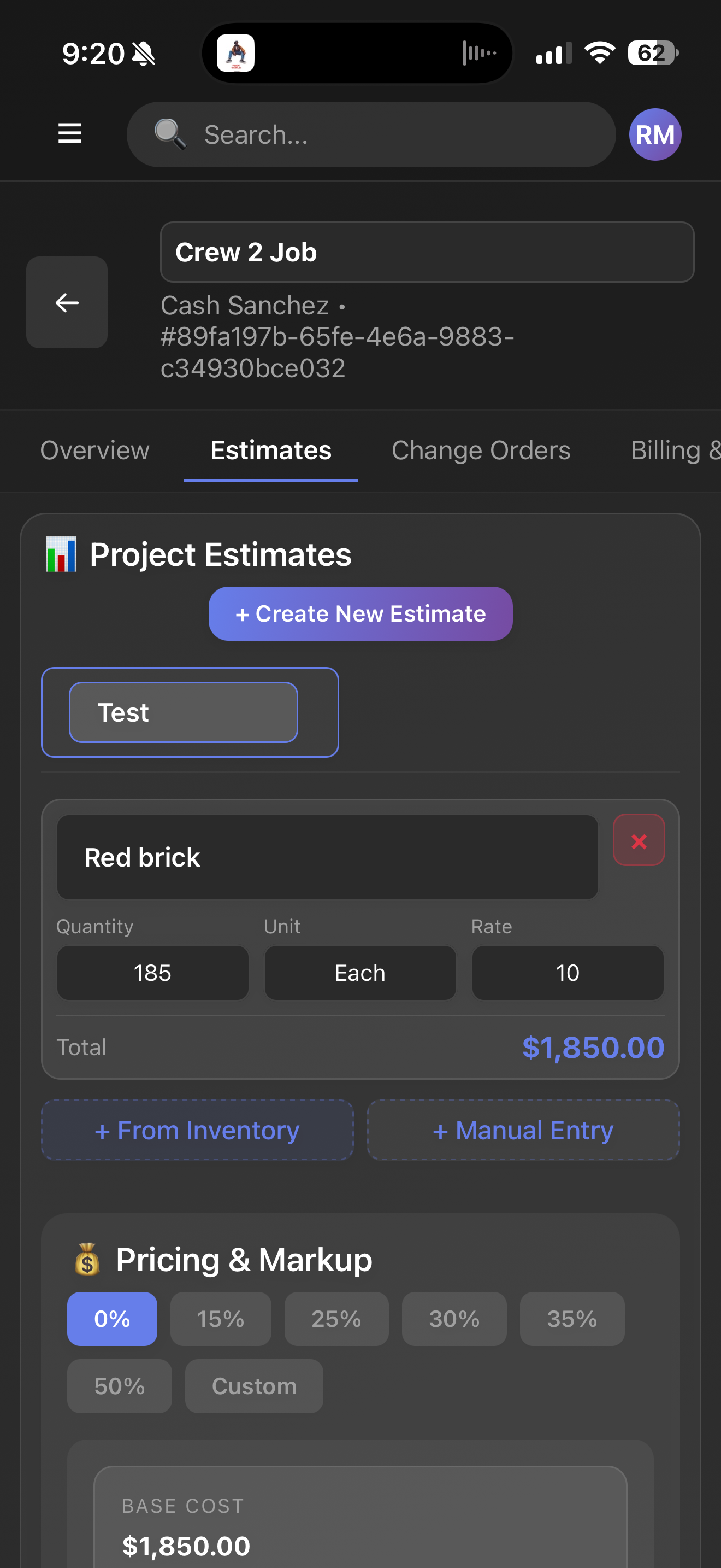 FieldFuze mobile project estimates and pricing screen