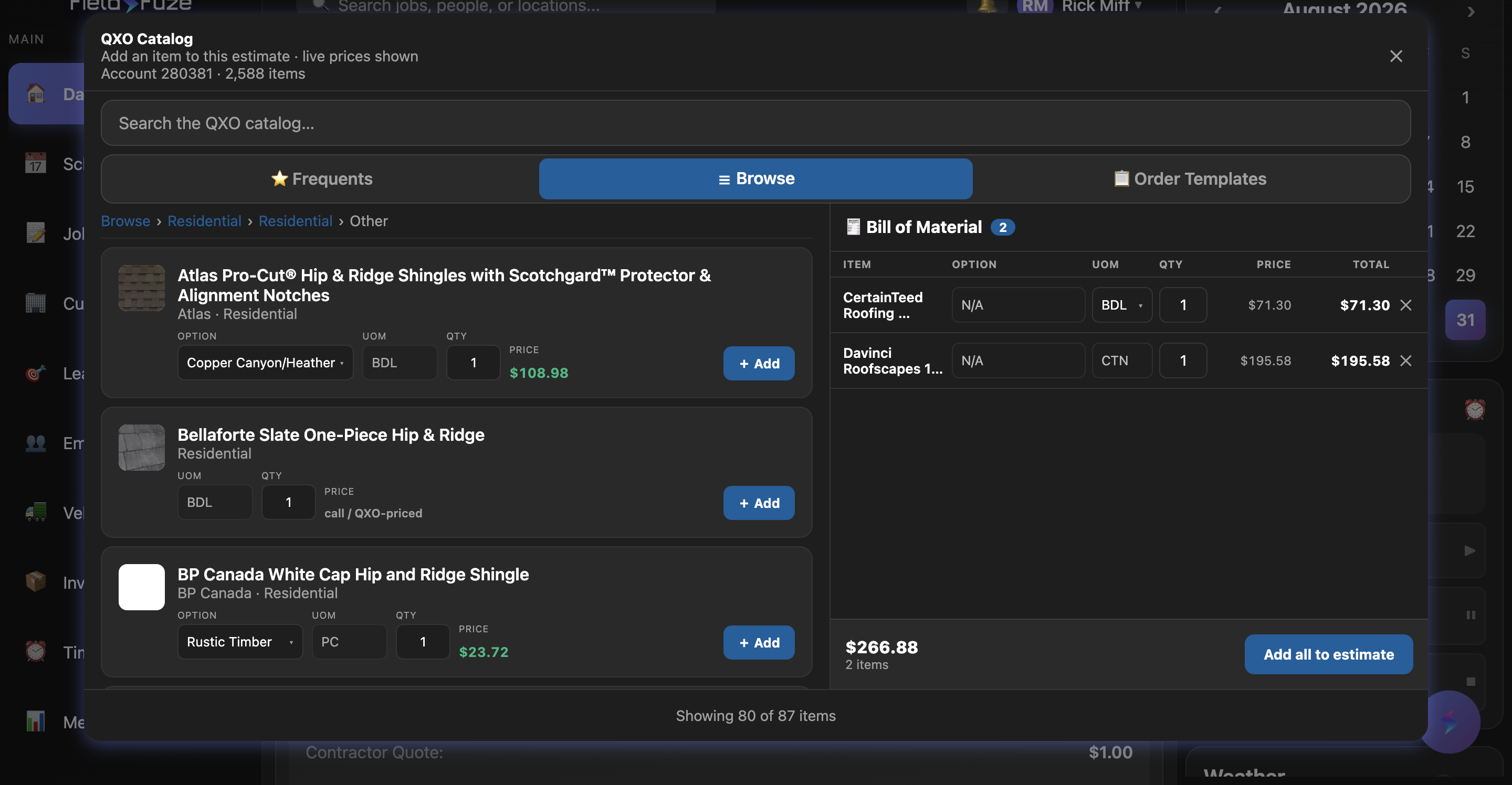 The QXO catalog inside a FieldFuze estimate — live branch pricing and a one-tap bill of materials