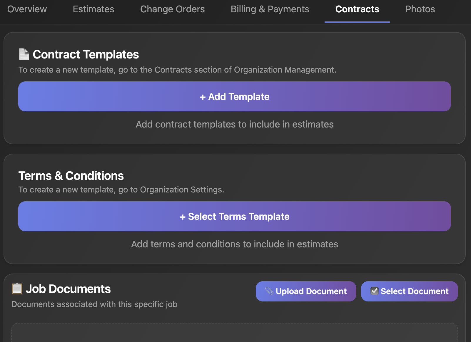 FieldFuze Contracts and Estimates screen showing proposal templates