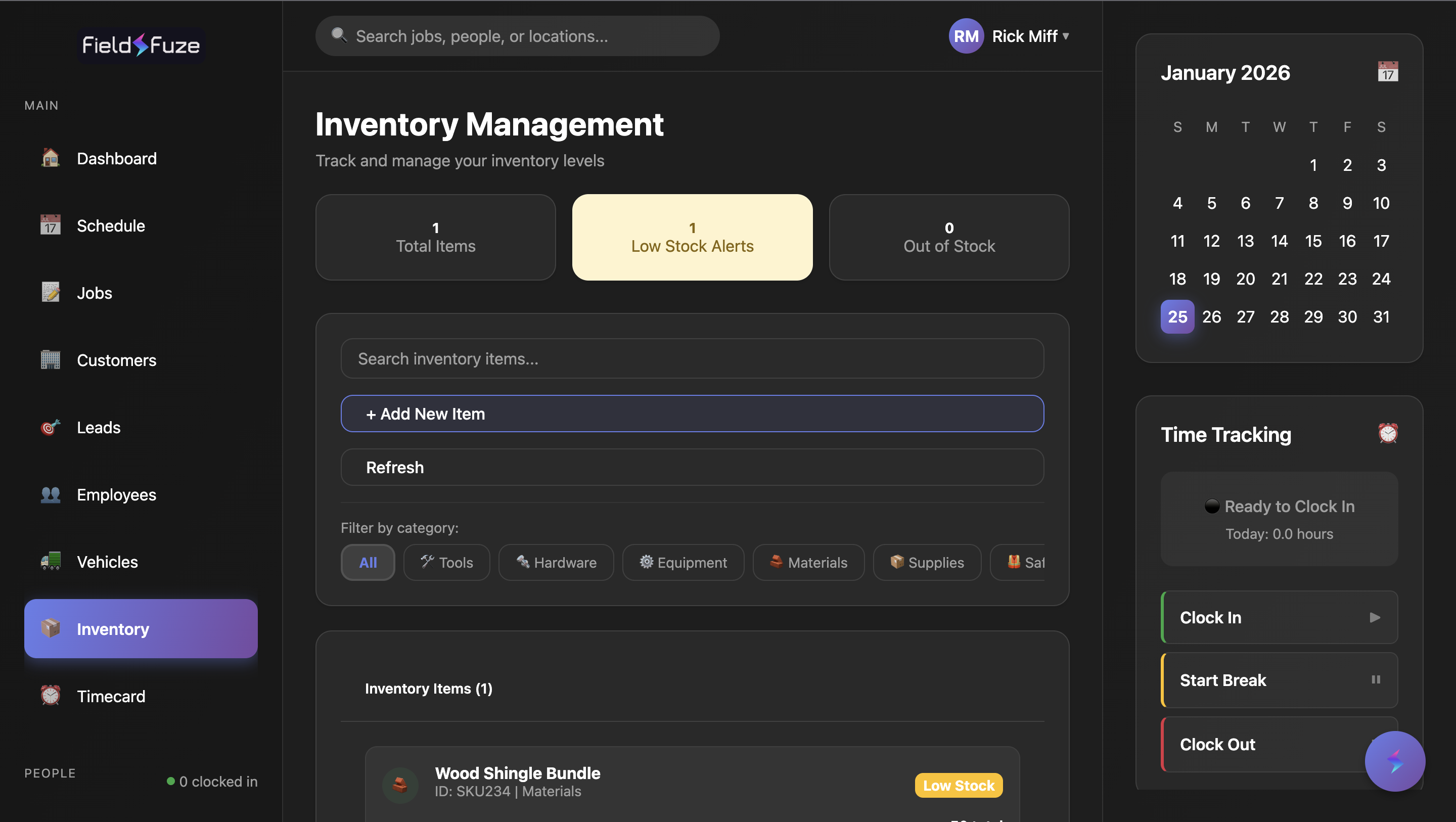 FieldFuze Inventory Management screen showing parts tracking and stock levels