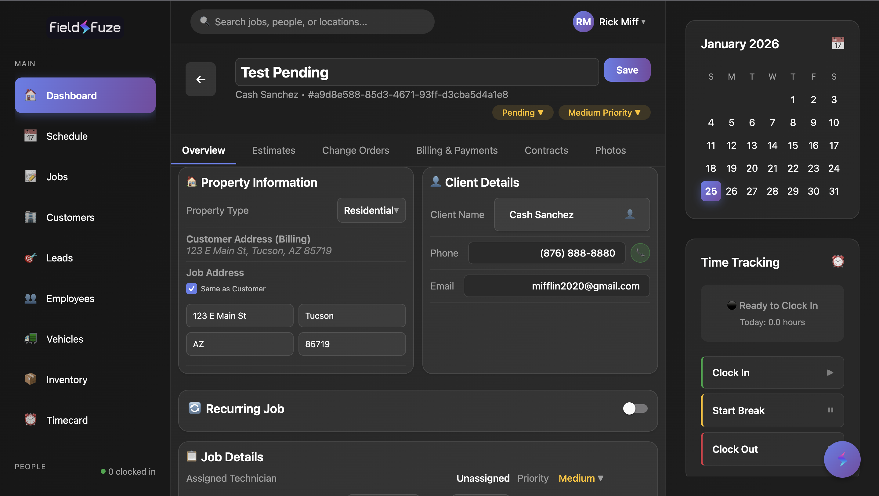 FieldFuze Job Details screen showing customer info, job notes, and status tracking