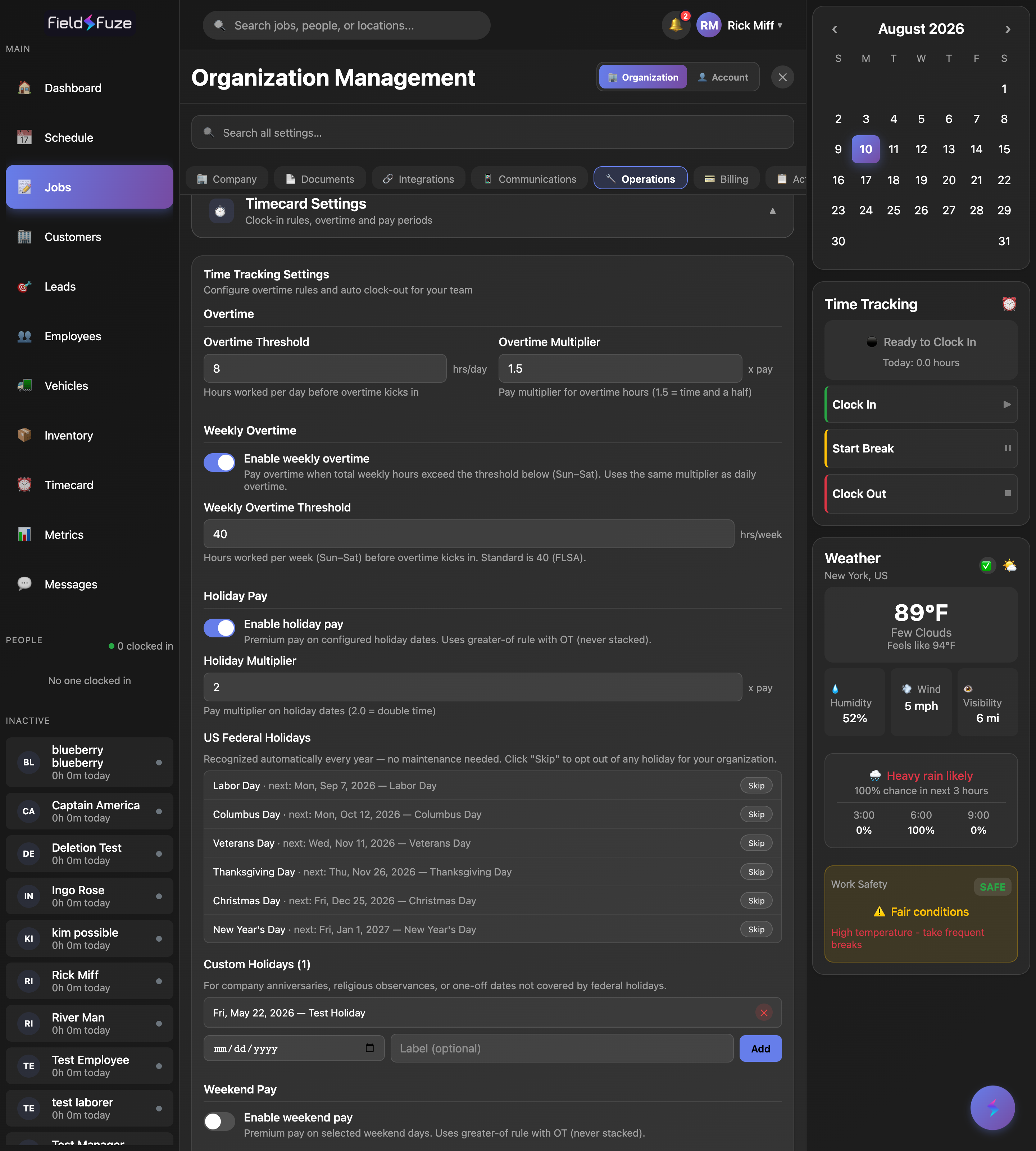 Timecard pay-rule settings