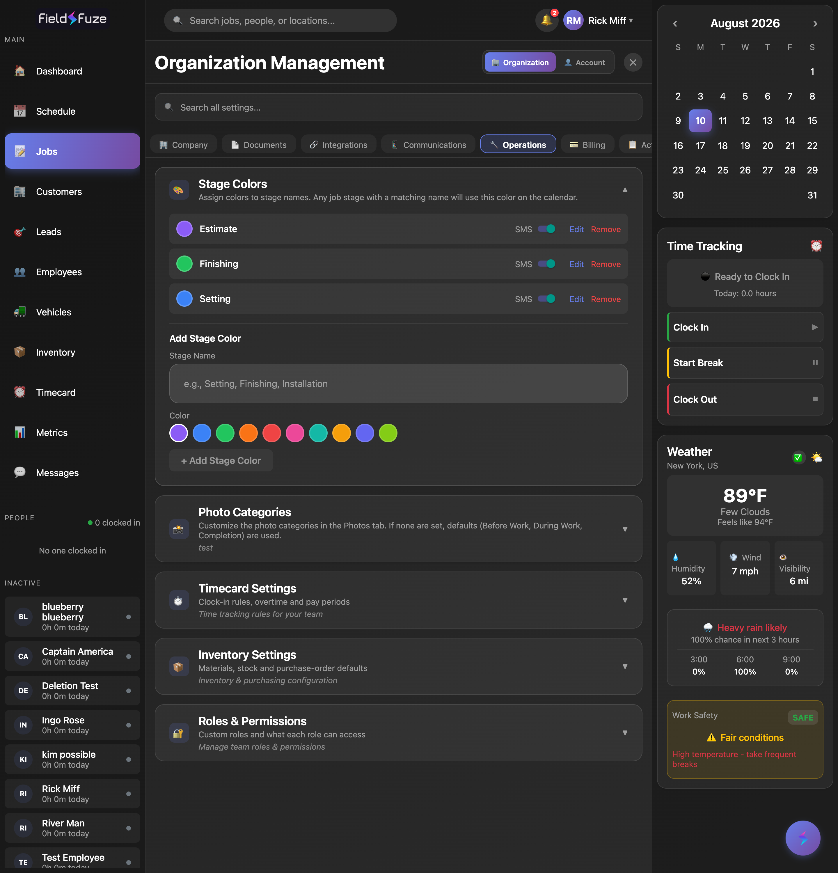 Stage colors settings