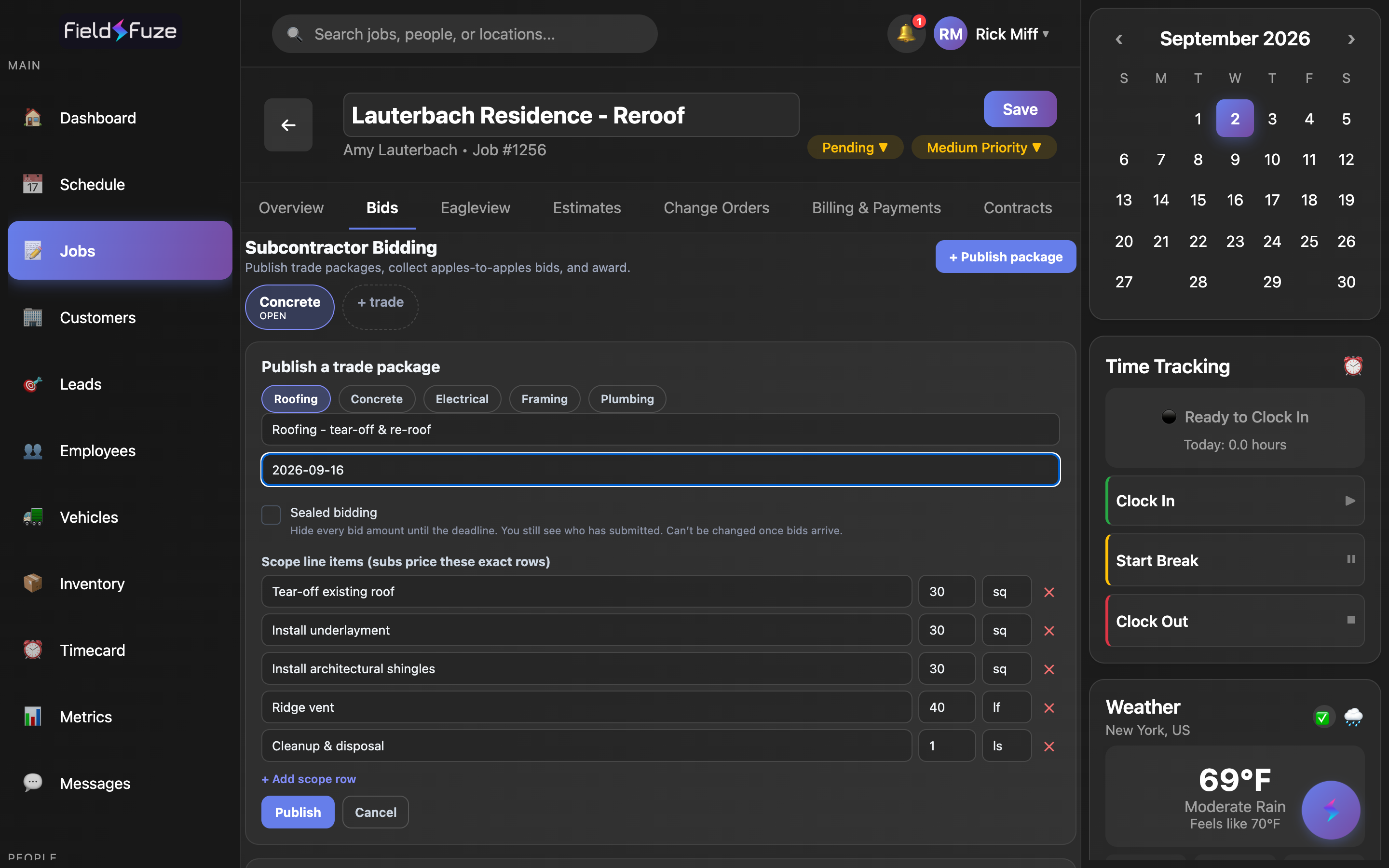 Publish a trade package form with trade picker, deadline, sealed-bidding option, and scope line items