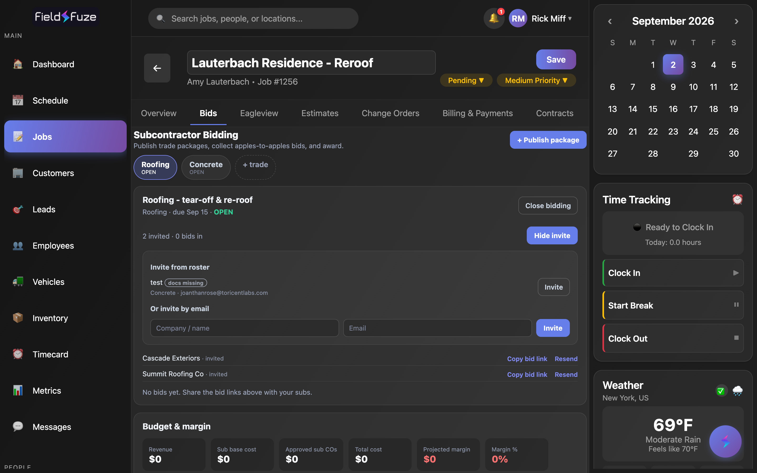 Invite panel showing roster and by-email options, with two invited subcontractors and their private bid links