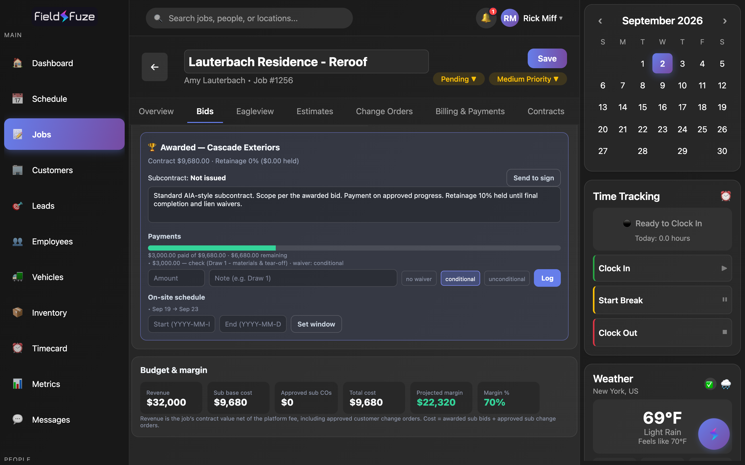 Budget and margin card showing revenue, sub cost, projected margin, and margin percentage
