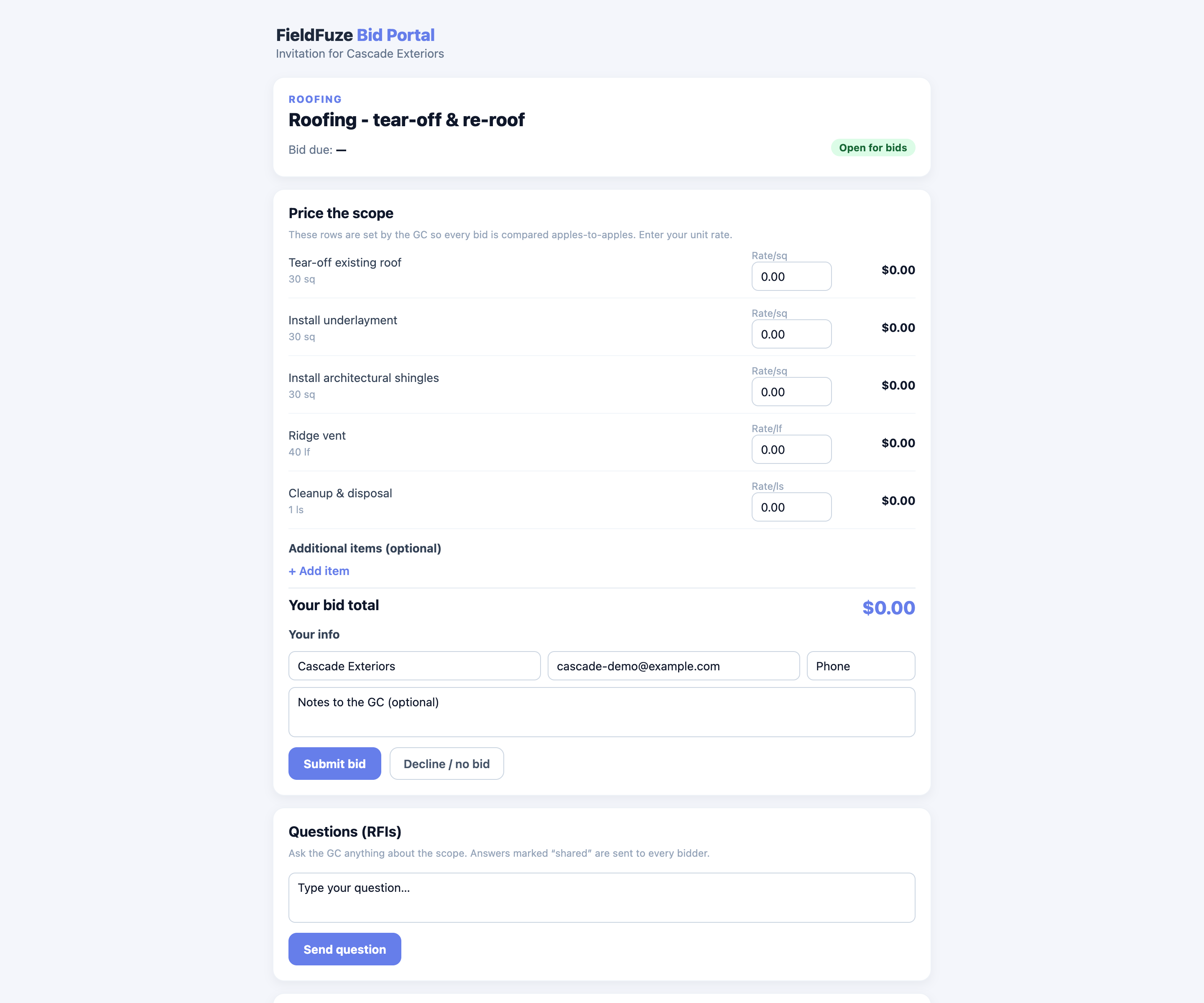 The public Bid Portal page a subcontractor sees, with locked scope rows to price