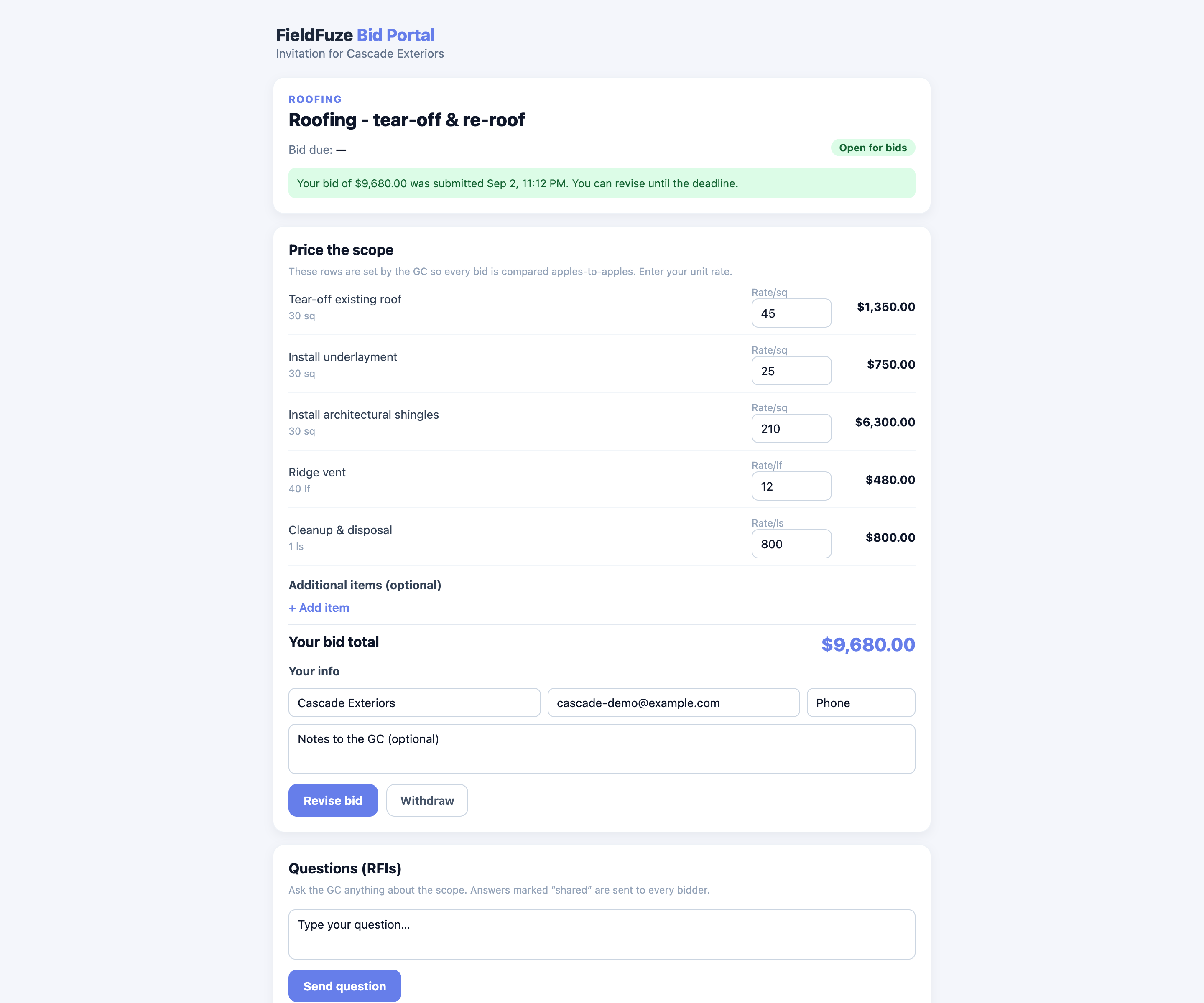 A subcontractor's submitted bid with priced scope rows, a grand total, and revise or withdraw options