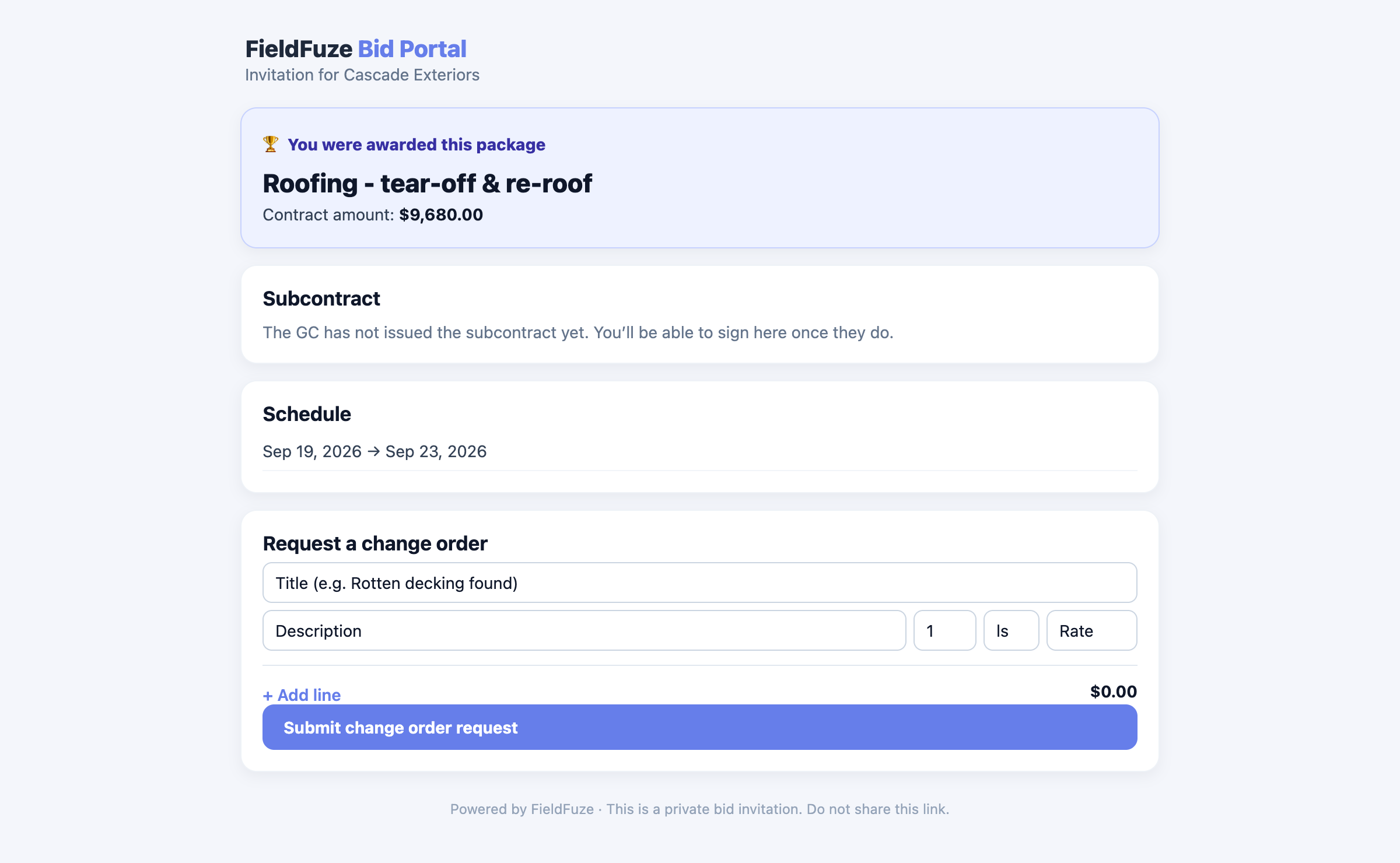 The awarded subcontractor's view showing the contract amount, subcontract status, schedule window, and a change-order request form