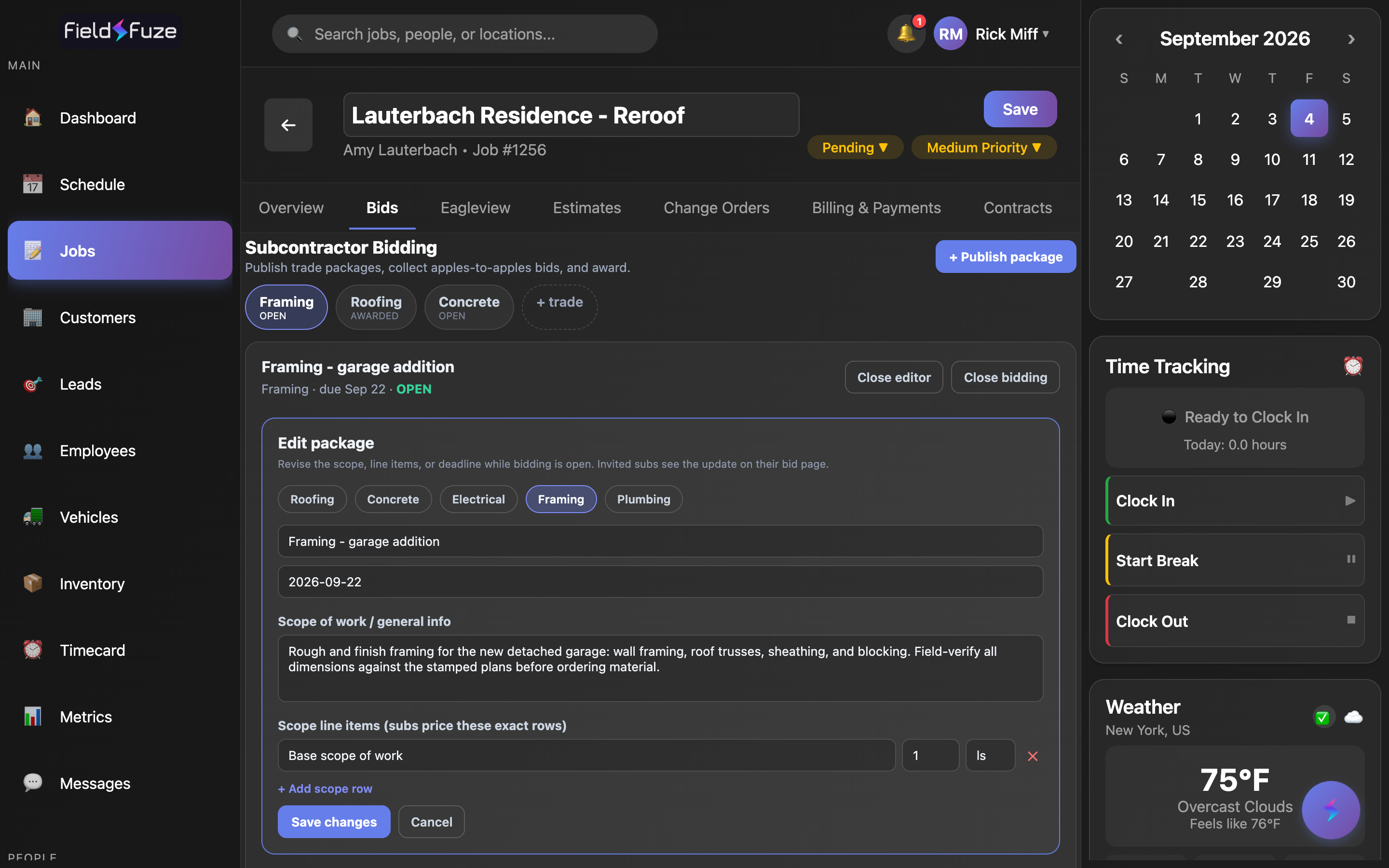 The Edit package form open on a published package, with editable trade, title, bid deadline, scope notes, and scope line items